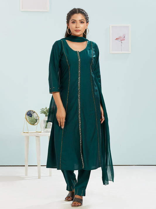 Embellished A-line Kurti Set With Dupatta