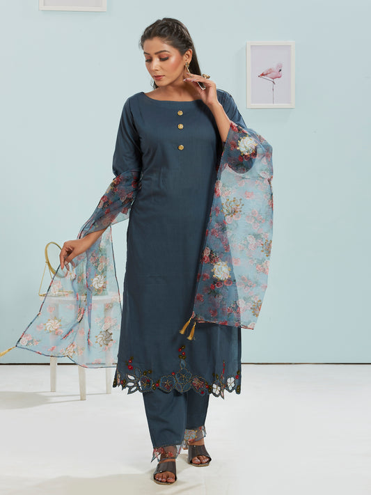 Organza Cutwork Detail Kurti Set With Dupatta