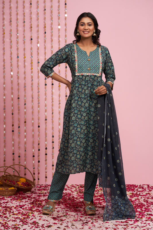 Foil Printed Kurti Set With Dupatta