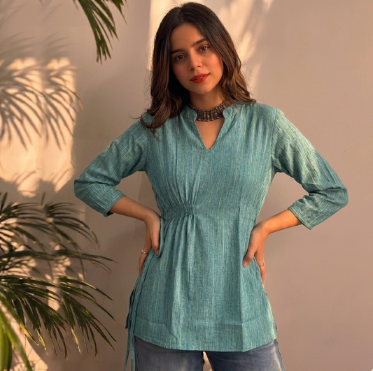 Teal Textured Cotton Short Tunic
