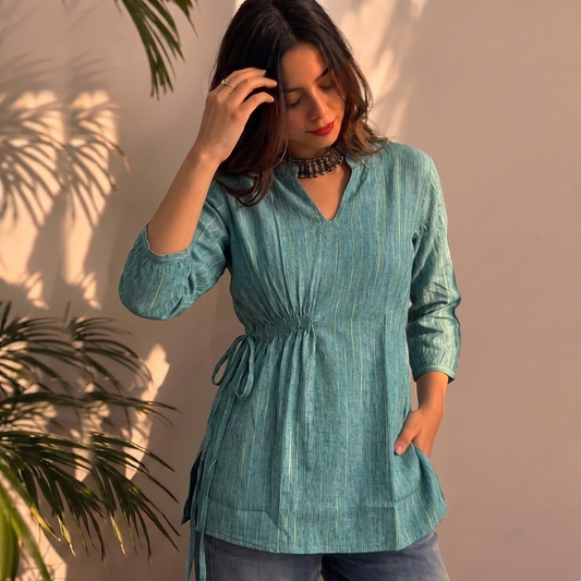 Teal Textured Cotton Short Tunic