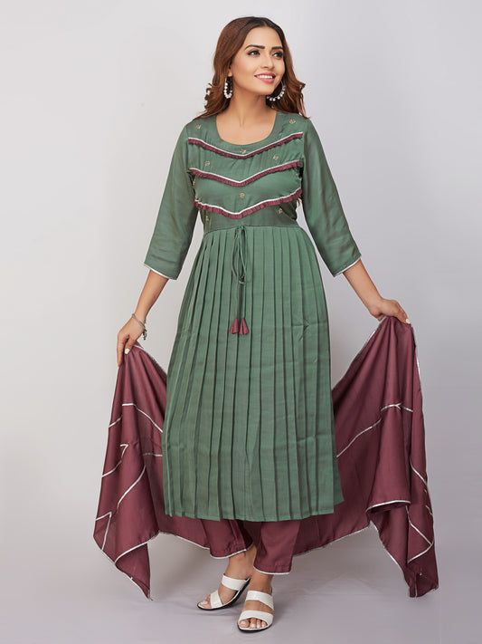 A-line Pleated Kurti Set With Dupatta