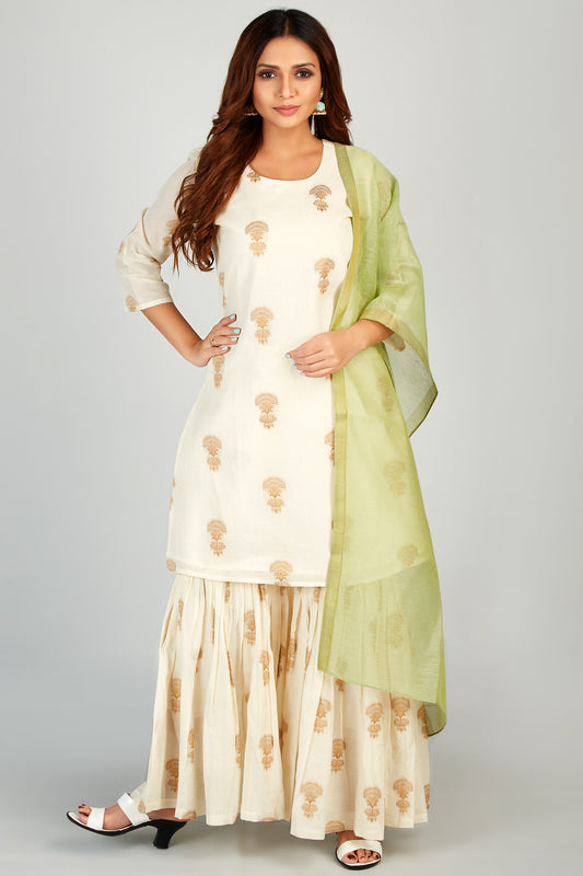 Printed Kurti Set With Gharara And Dupatta