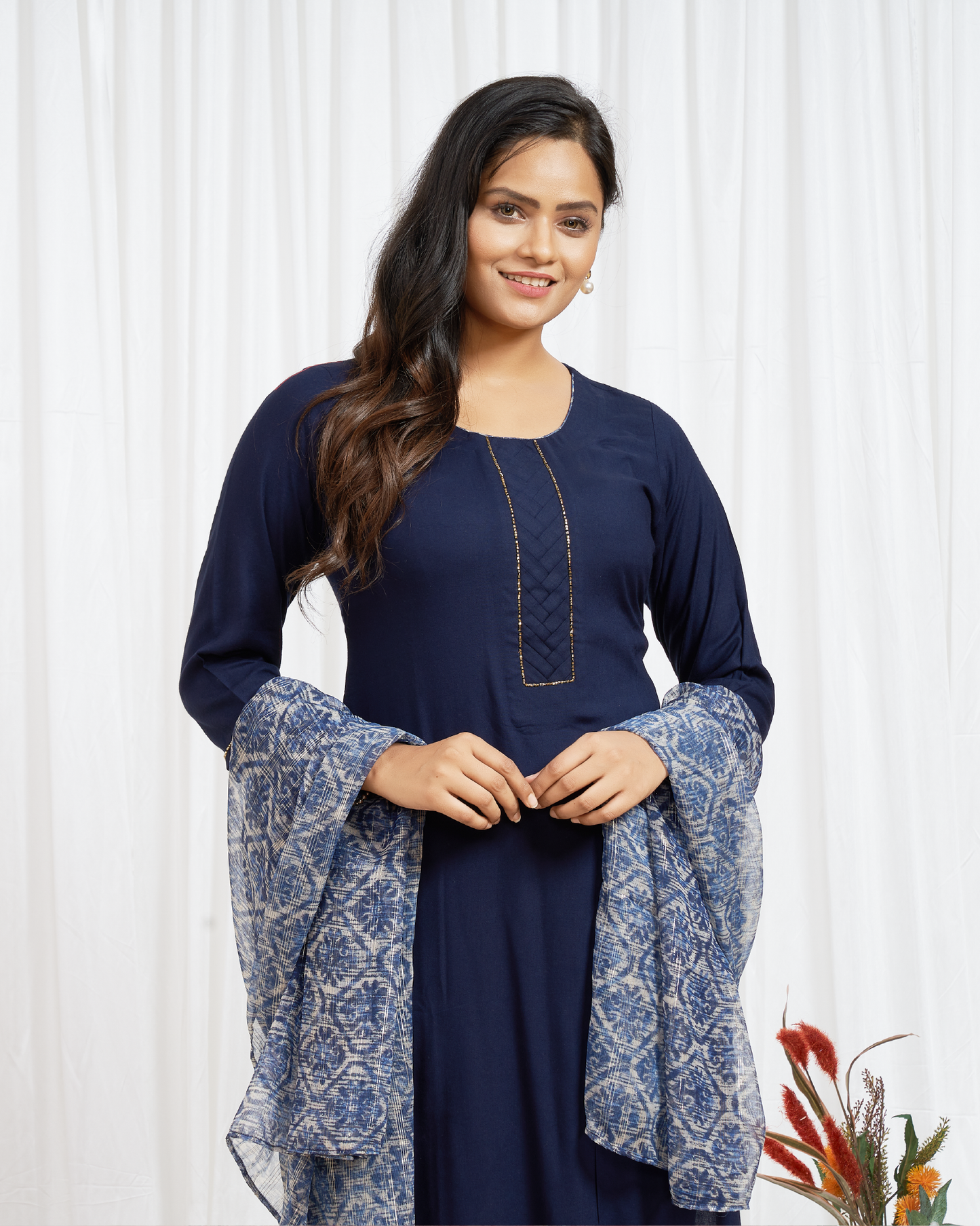 Navy Blue Rayon Kurti Set With Abstract Printed Dupatta