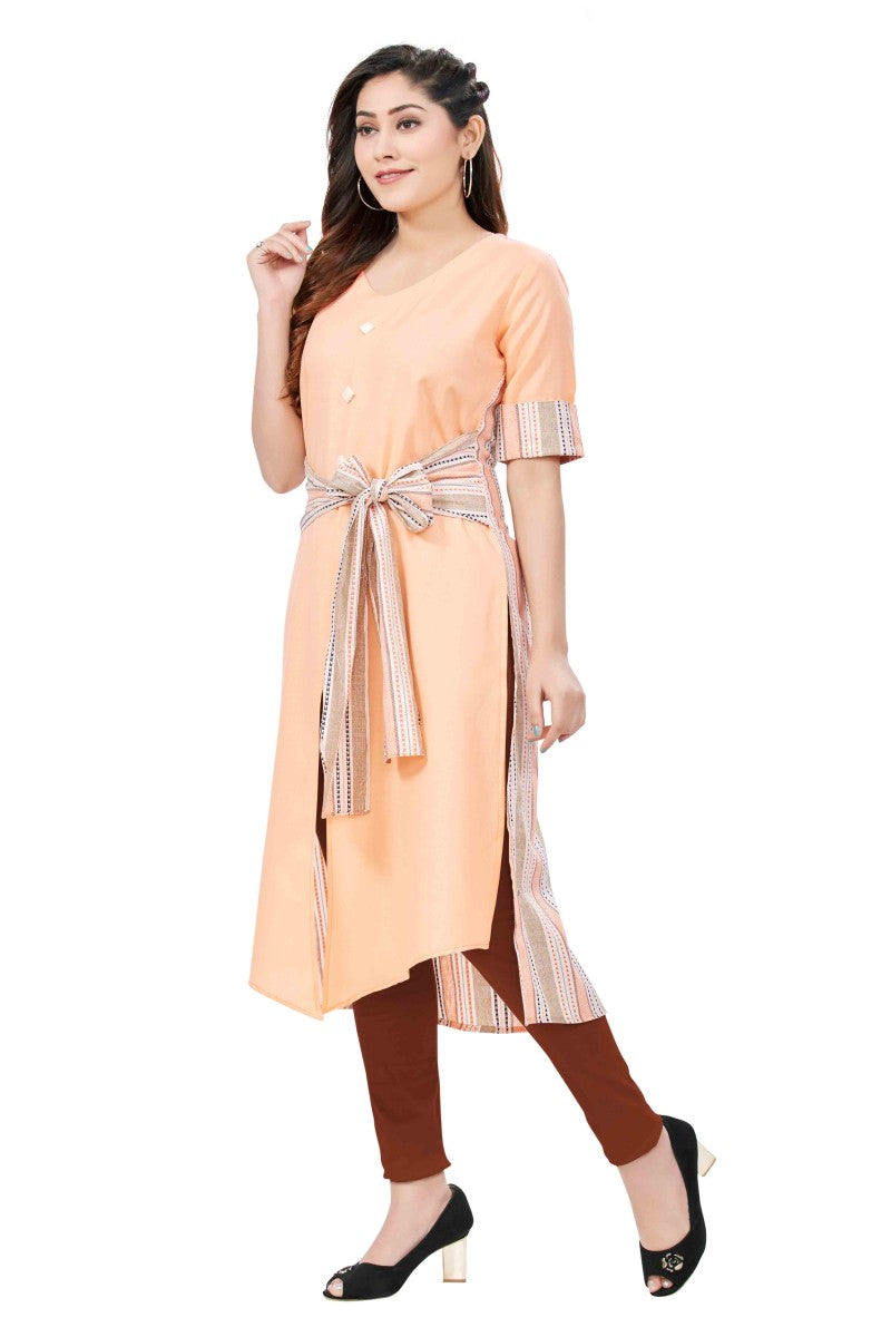 Peach Cotton Kurti In Knot Belt Silhouette