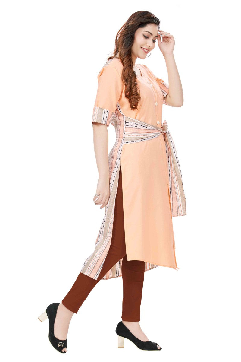 Peach Cotton Kurti In Knot Belt Silhouette