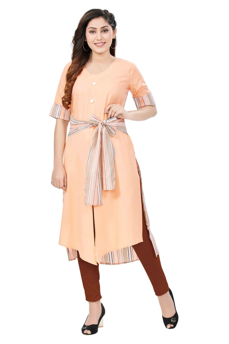 Peach Cotton Kurti In Knot Belt Silhouette