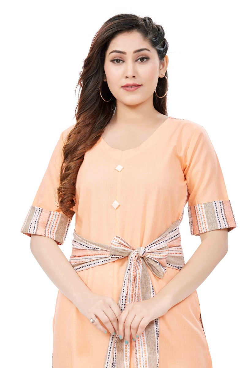 Peach Cotton Kurti In Knot Belt Silhouette