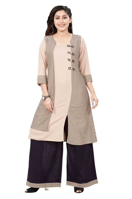 Beige Rayon Designer Kurti With Wide Legged Palazzo