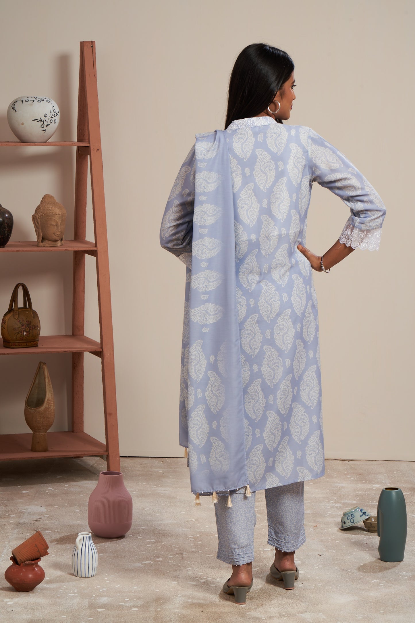 Pastel Blue Cotton Muslin Printed Kurti Set With Dupatta