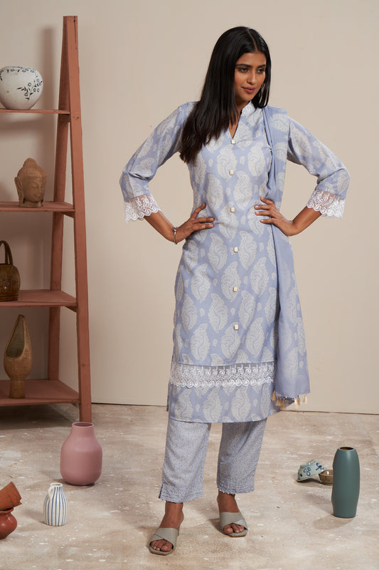 Pastel Blue Cotton Muslin Printed Kurti Set With Dupatta