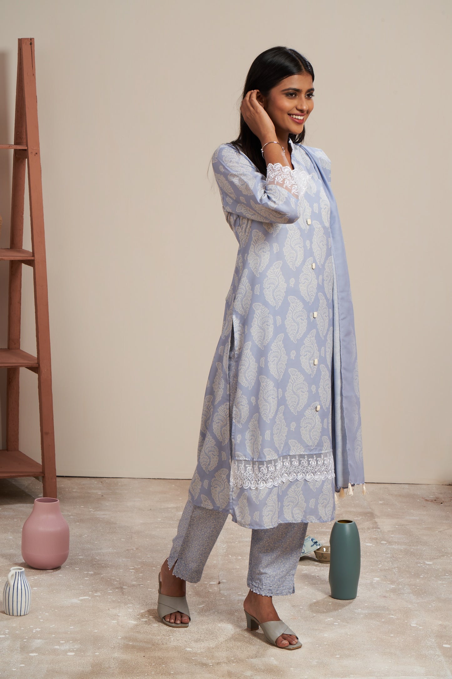 Pastel Blue Cotton Muslin Printed Kurti Set With Dupatta