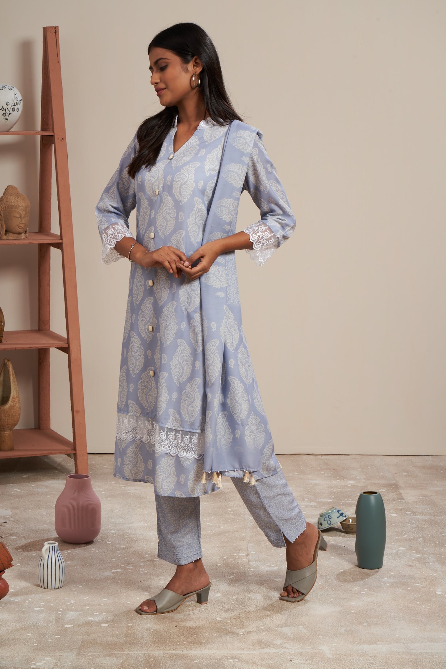 Pastel Blue Cotton Muslin Printed Kurti Set With Dupatta