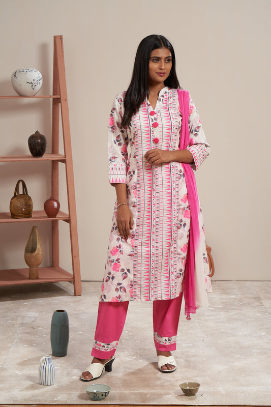 Floral Printed Kurti Set With Dupatta