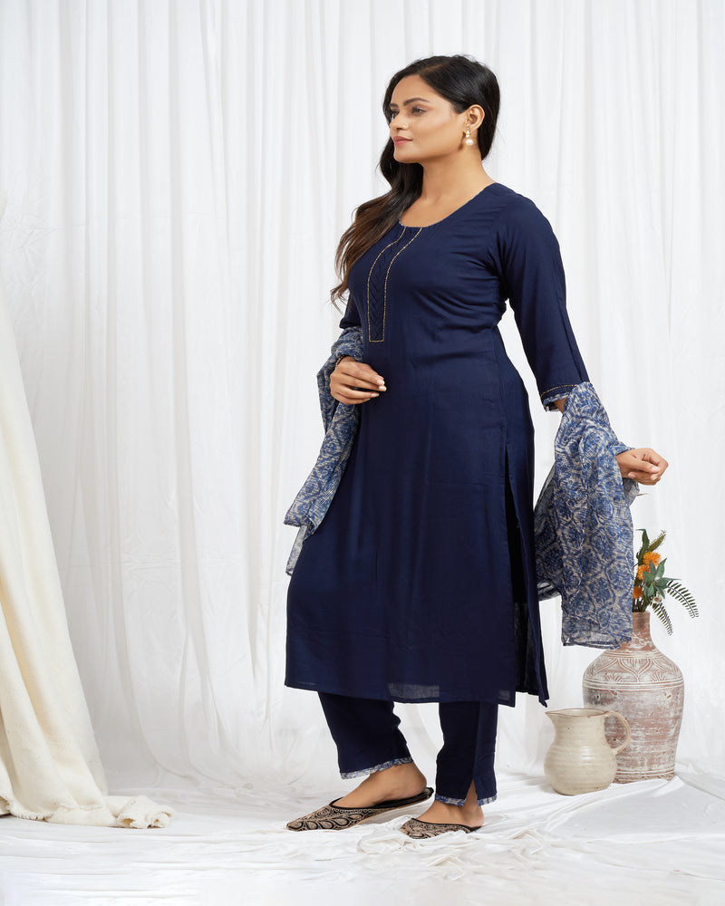 Navy Blue Rayon Kurti Set With Abstract Printed Dupatta