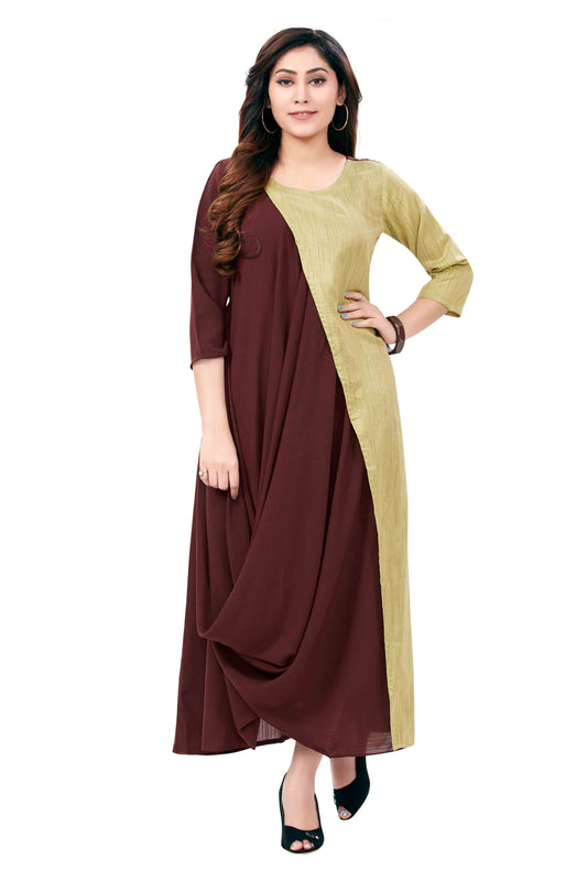 Drape Kurti In Brown & Lime Green