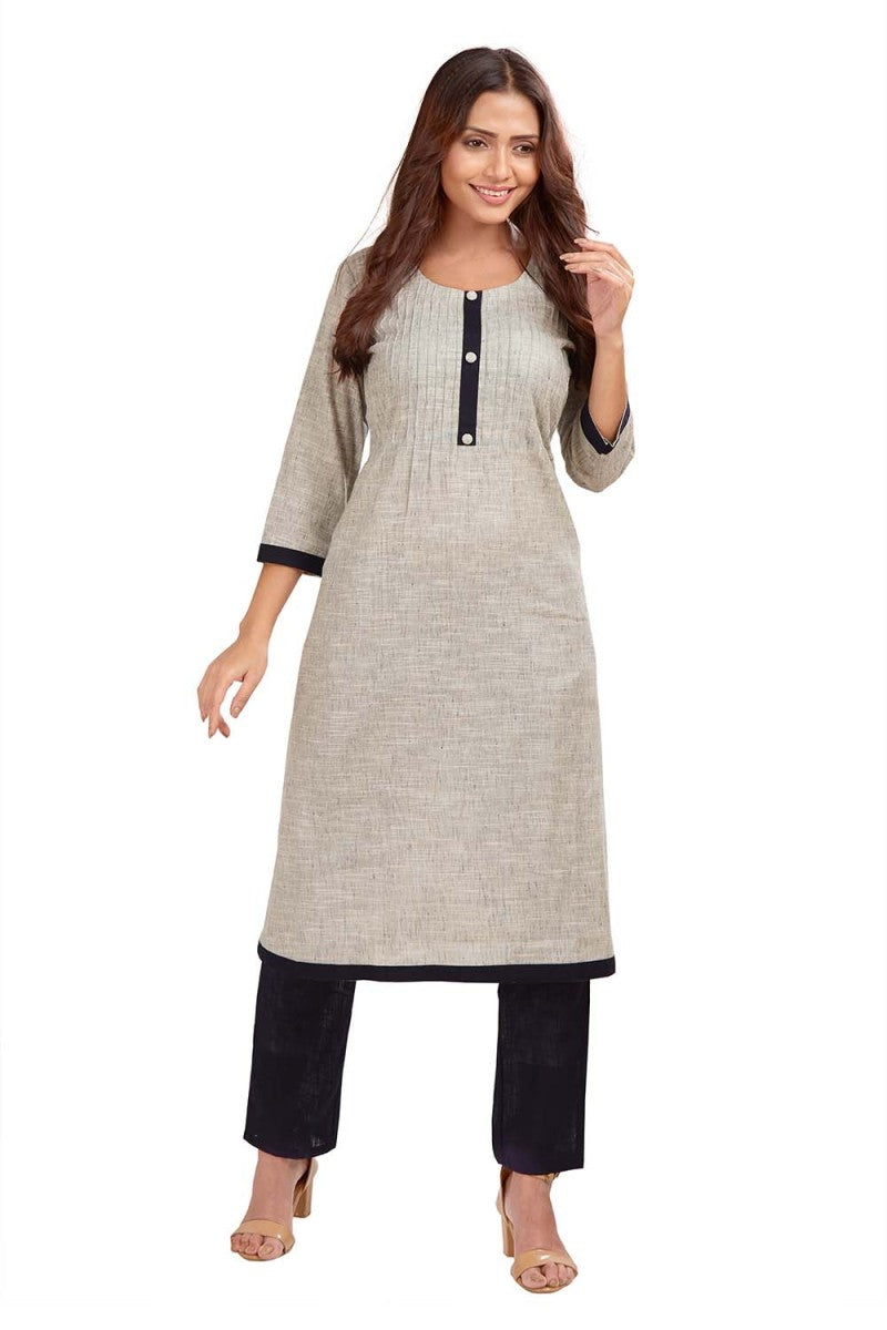 Plain Straight Kurti With Pant In Cotton Linen