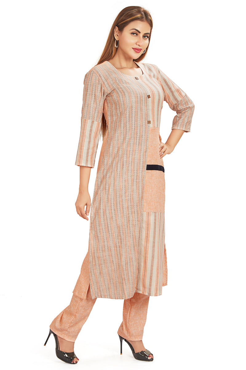 Self Weave Kurti Set With Pant In Cotton Flex