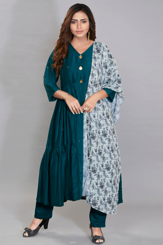 Pleated A-line Kurti Set With Printed Dupatta