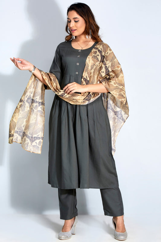 A-line Kurti With Pant & Printed Dupatta