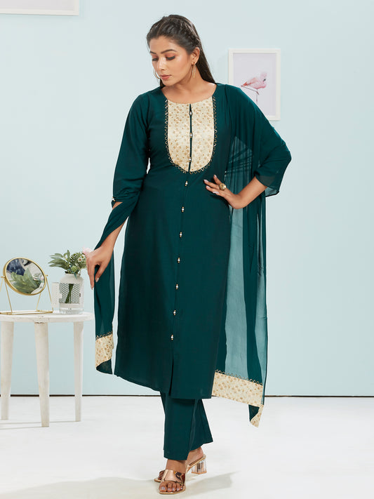 Bottle Green Kurti Set With Dupatta