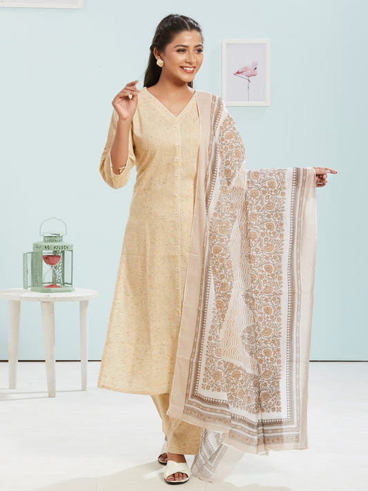 Cotton Linen Kurti Set With Printed Dupatta