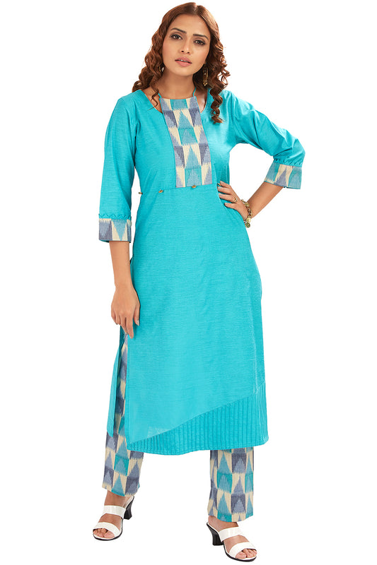 Bright Blue Cotton Slub Kurti With Ikkat Pants