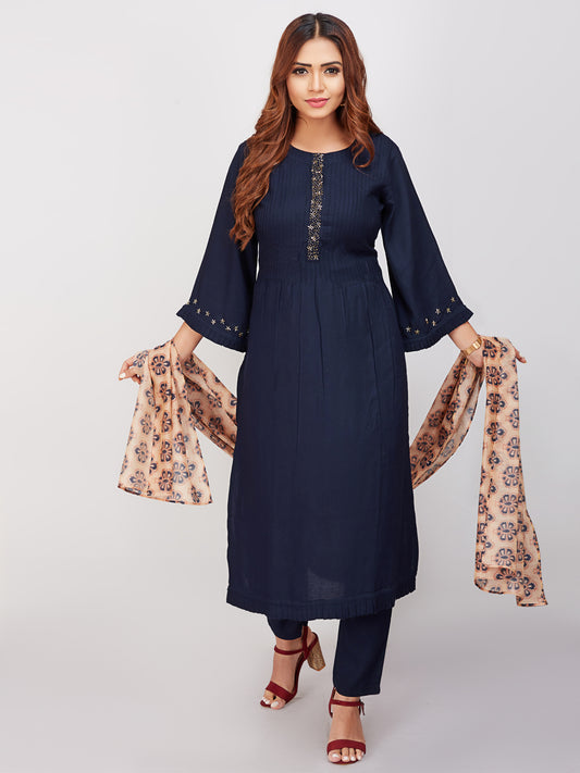 Pintucks Kurti Set With Printed Dupatta